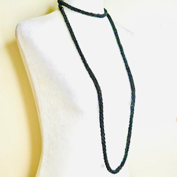Dark Colorful Iridescent Thick Seed Bead Long Flapper Length Rope Necklace - Picture 4 of 5